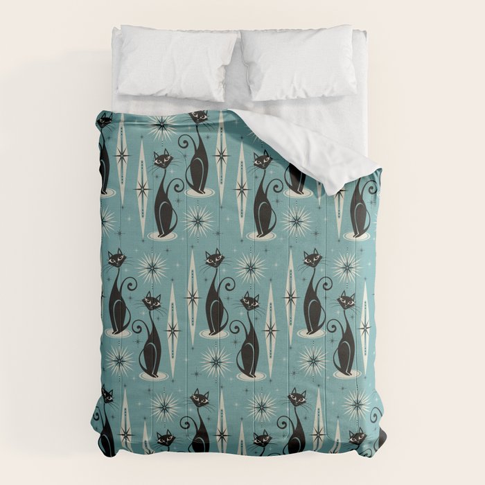 Mid Century Meow Atomic Cats on Blue - Smaller ©studioxtine Comforter