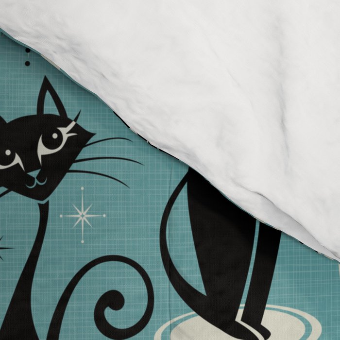 Mid Century Meow Atomic Cats on Blue - Smaller ©studioxtine Comforter Gallery Image 4