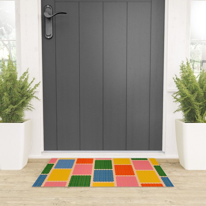 Colorful Retro Contemporary Woven Patchwork Pattern Welcome Mat Gallery Image 3