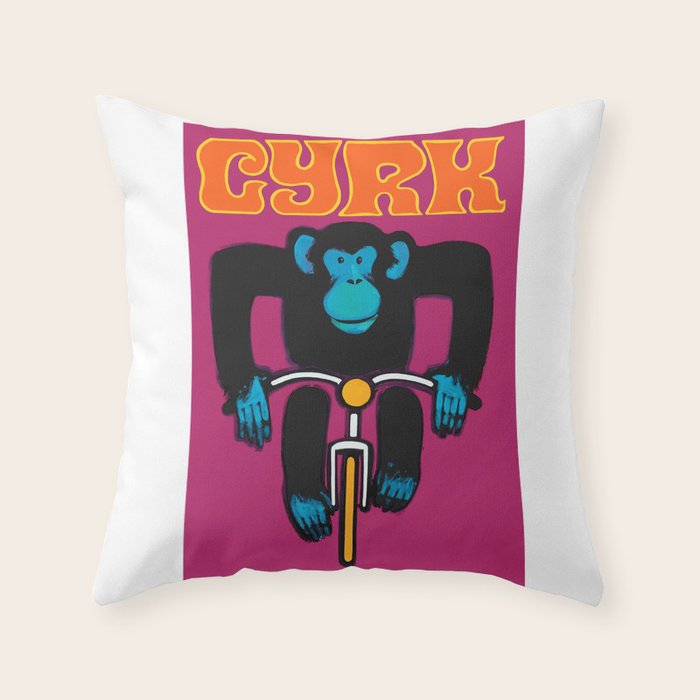 1968 CYRK Cycling Chimpanzee Polish Circus Poster Throw Pillow Gallery Image 1