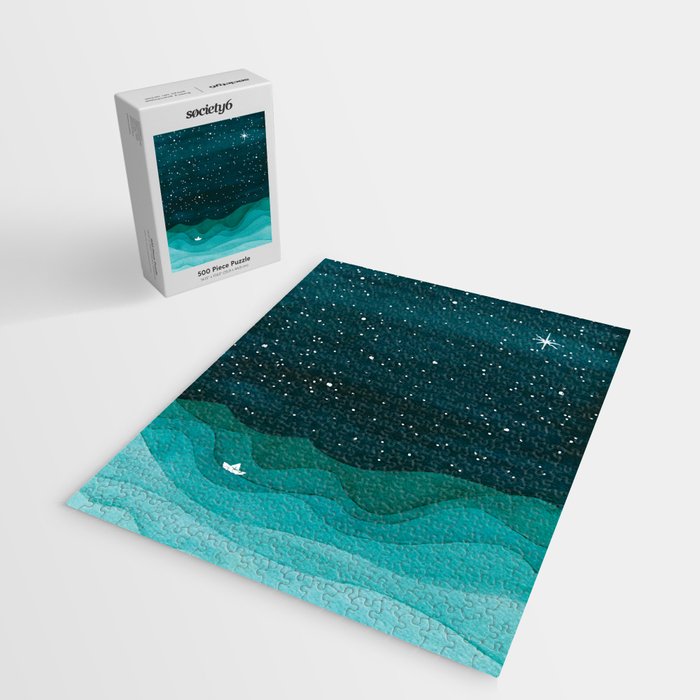 Starry Ocean, teal sailboat watercolor sea waves night Jigsaw Puzzle Gallery Image 2