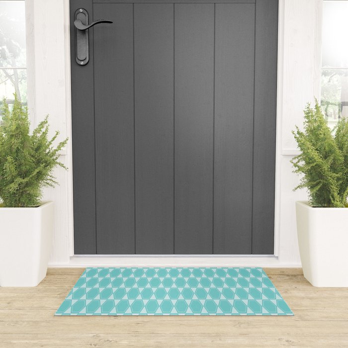 Mid Century Modern Geometric Hexad Pattern Light Aqua Welcome Mat Gallery Image 3