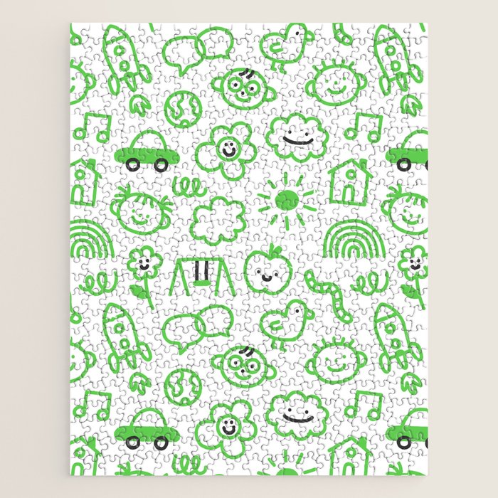 Green eco friendly children doodle pattern Jigsaw Puzzle Gallery Image 1