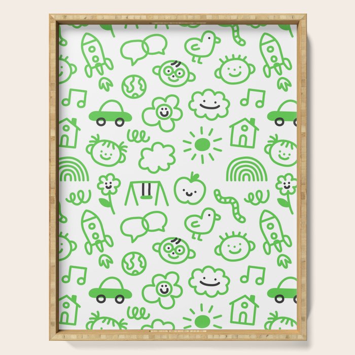 Green eco friendly children doodle pattern Serving Tray Gallery Image 1
