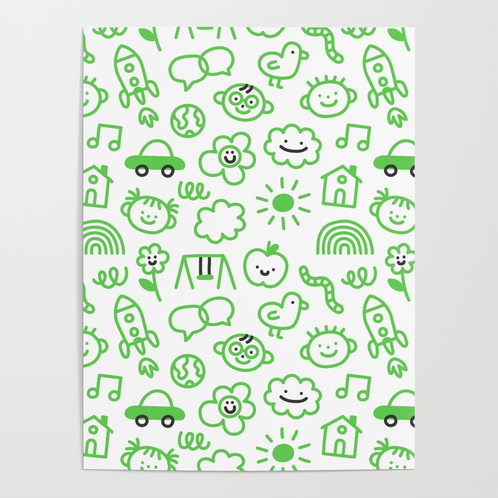 Green eco friendly children doodle pattern Poster Gallery Image 1