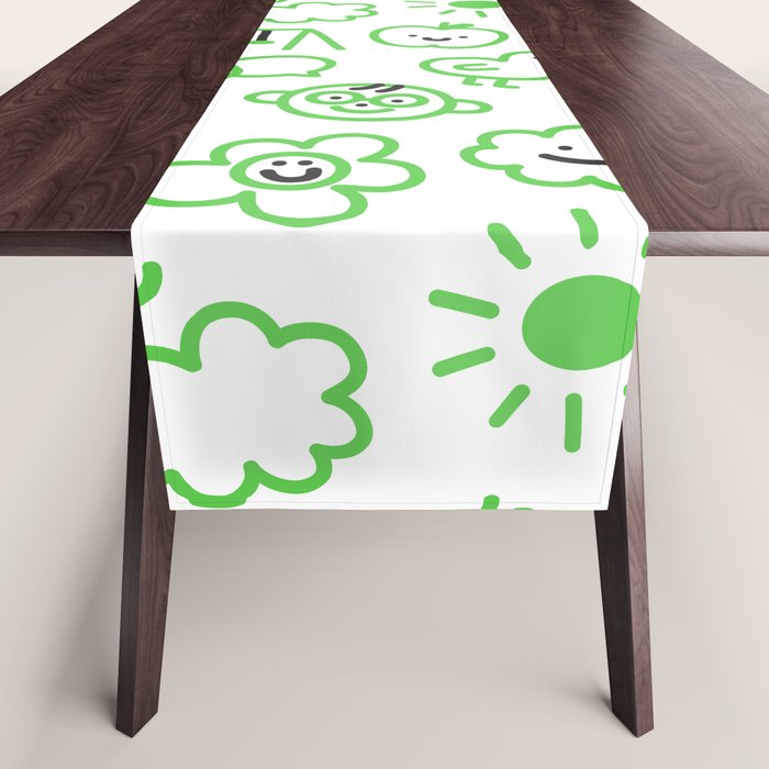 Green eco friendly children doodle pattern Table Runner Gallery Image 1