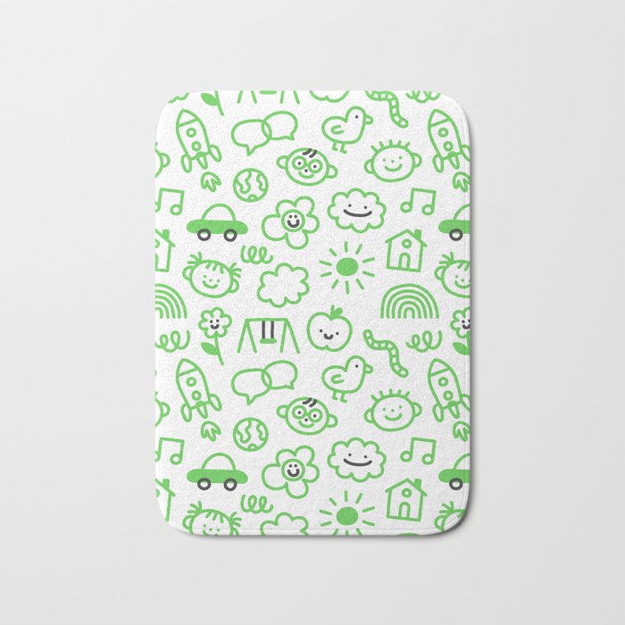 Green eco friendly children doodle pattern Bath Mat Gallery Image 1