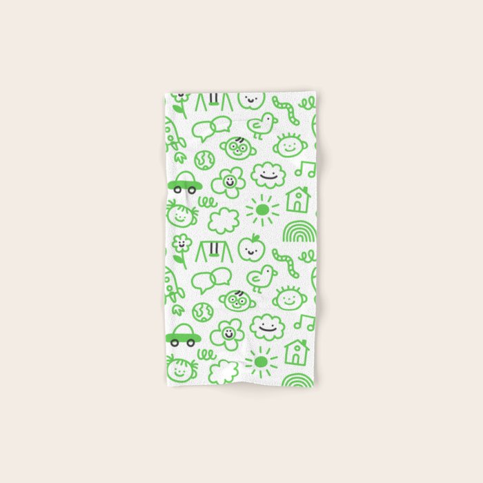 Green eco friendly children doodle pattern Bath Towel Gallery Image 1