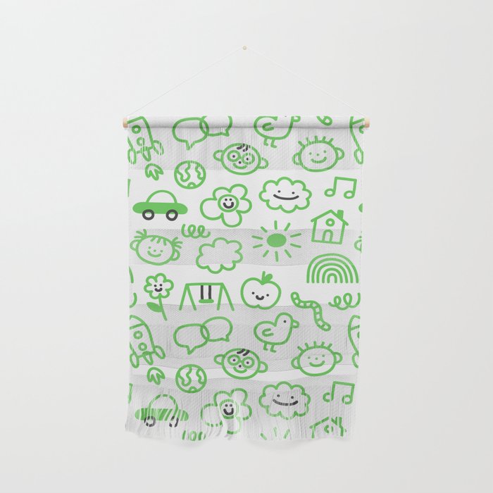 Green eco friendly children doodle pattern Wall Hanging Gallery Image 1
