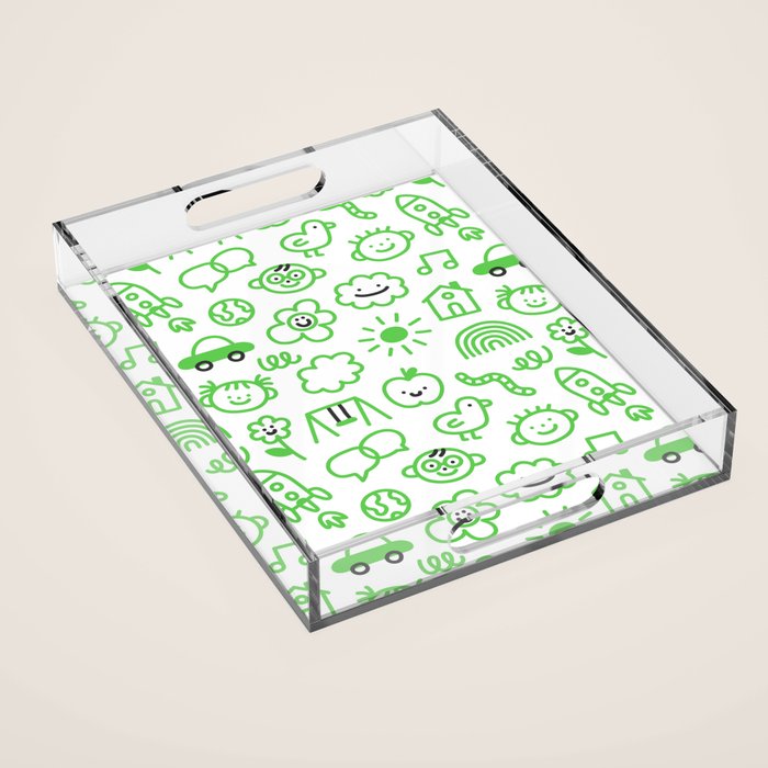 Green eco friendly children doodle pattern Acrylic Tray Gallery Image 1