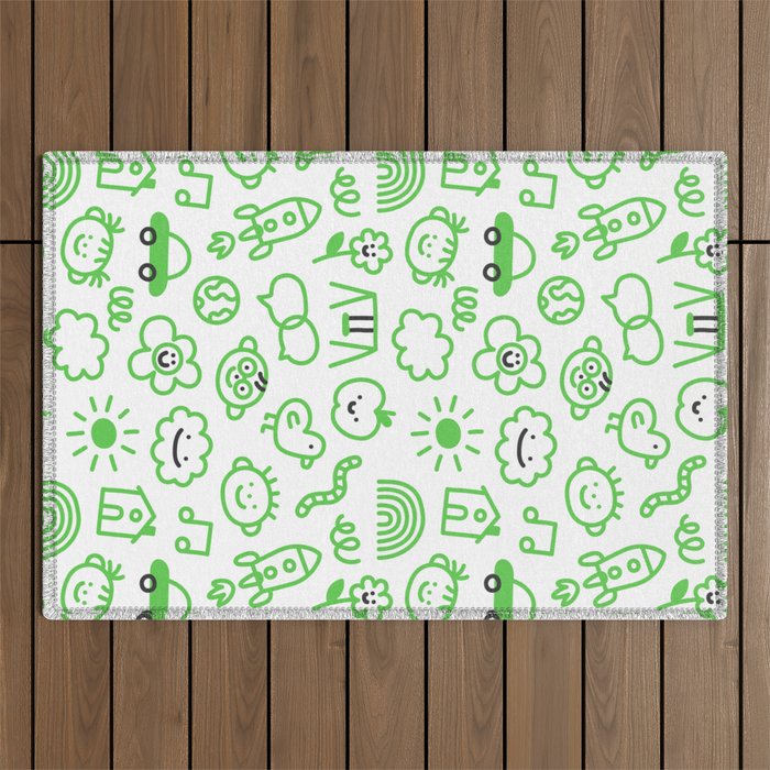 Green eco friendly children doodle pattern Outdoor Rug Gallery Image 1