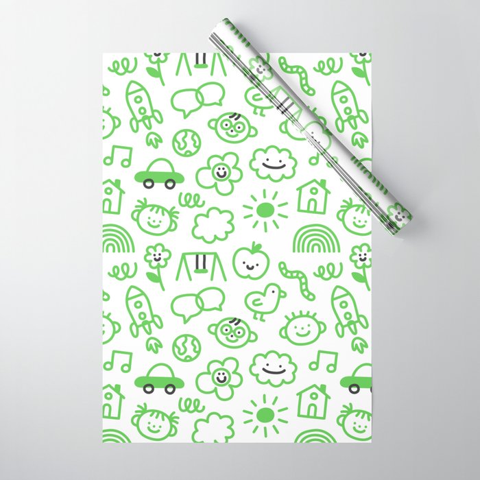 Green eco friendly children doodle pattern Wrapping Paper Gallery Image 1