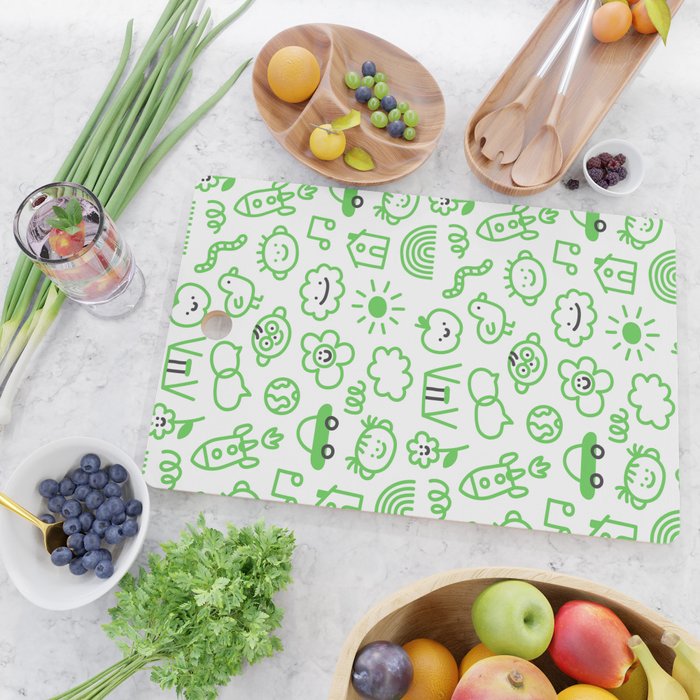 Green eco friendly children doodle pattern Cutting Board Gallery Image 2