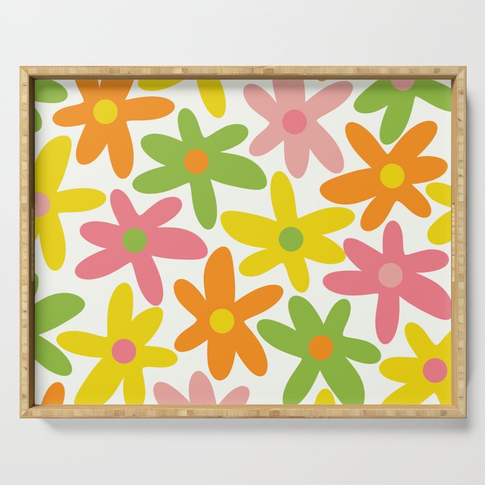 Daisy Time Retro Floral Pattern Green Pink Orange Yellow Serving Tray Gallery Image 1