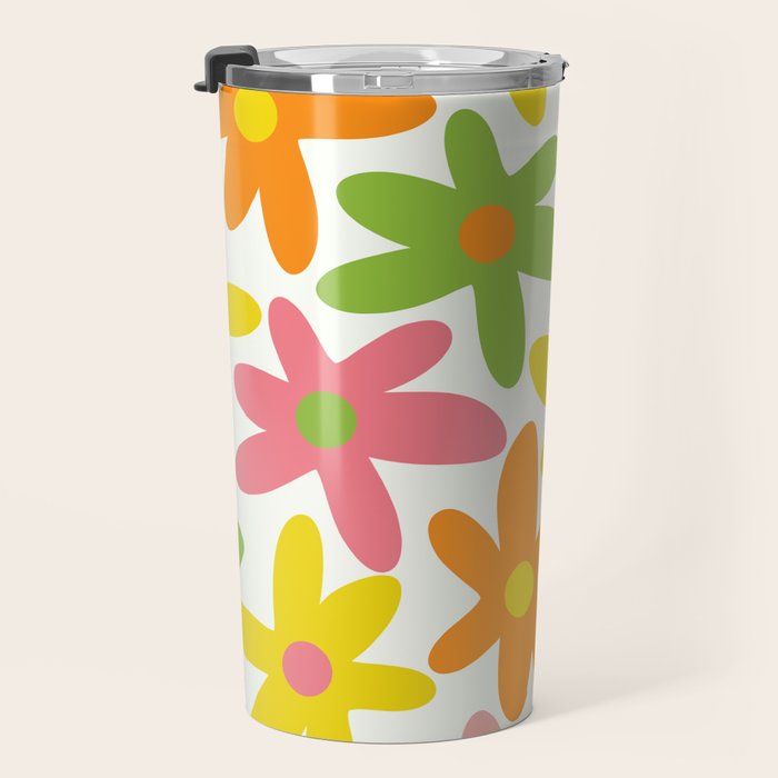 Daisy Time Retro Floral Pattern Green Pink Orange Yellow Travel Mug Gallery Image 3