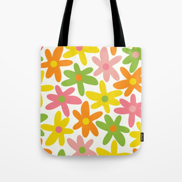 Daisy Time Retro Floral Pattern Green Pink Orange Yellow Tote Bag Gallery Image 1