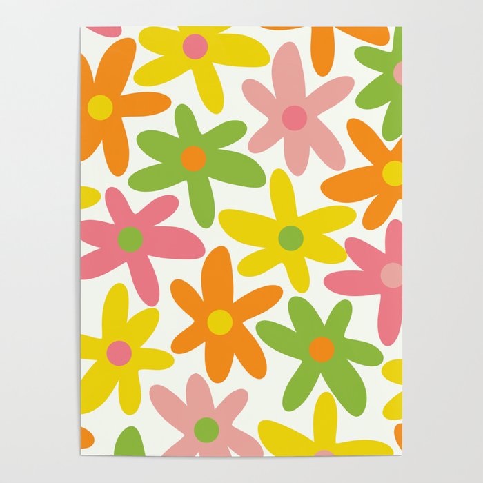 Daisy Time Retro Floral Pattern Green Pink Orange Yellow Poster Gallery Image 4