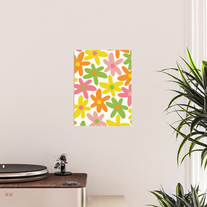 Daisy Time Retro Floral Pattern Green Pink Orange Yellow Poster Gallery Image 2