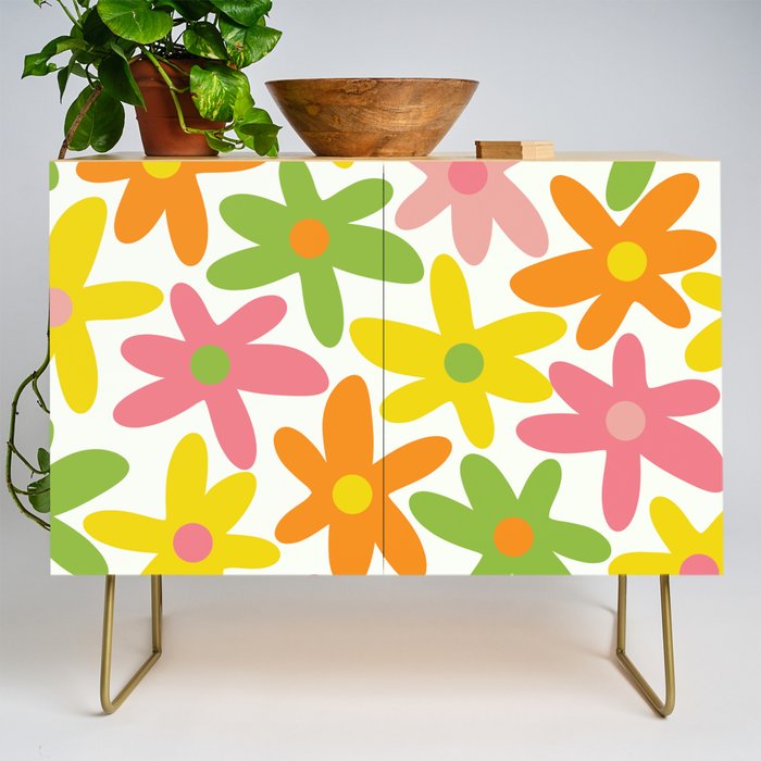 Daisy Time Retro Floral Pattern Green Pink Orange Yellow Credenza Gallery Image 1