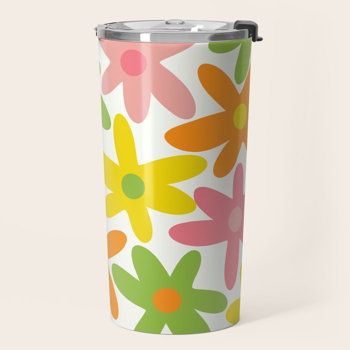 Daisy Time Retro Floral Pattern Green Pink Orange Yellow Travel Mug Gallery Image 2