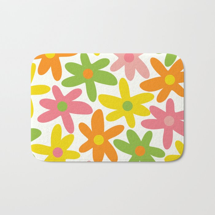 Daisy Time Retro Floral Pattern Green Pink Orange Yellow Bath Mat Gallery Image 1