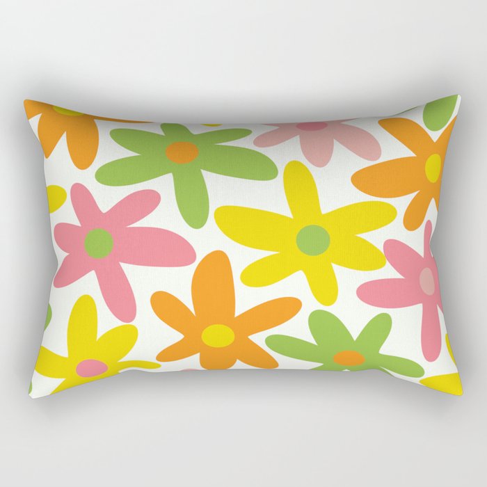 Daisy Time Retro Floral Pattern Green Pink Orange Yellow Rectangular Pillow Gallery Image 2