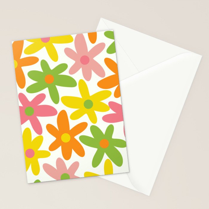 Daisy Time Retro Floral Pattern Green Pink Orange Yellow Stationery Card Gallery Image 2