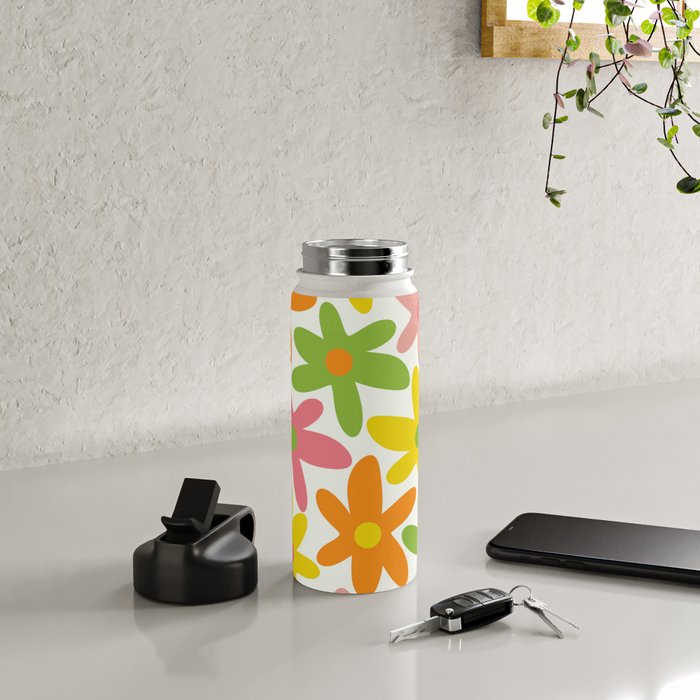 Daisy Time Retro Floral Pattern Green Pink Orange Yellow Water Bottle Gallery Image 4