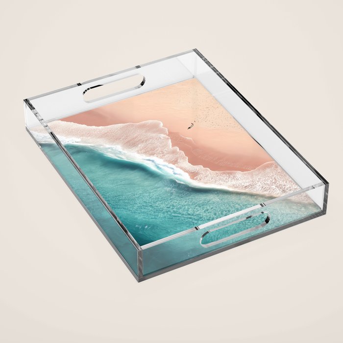 Pastel Coastline - Aerial View of Turquoise Sea and Blush Sand Acrylic Tray Gallery Image 1