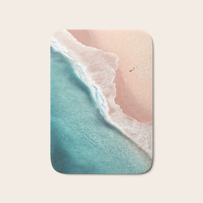 Pastel Coastline - Aerial View of Turquoise Sea and Blush Sand Bath Mat Gallery Image 1