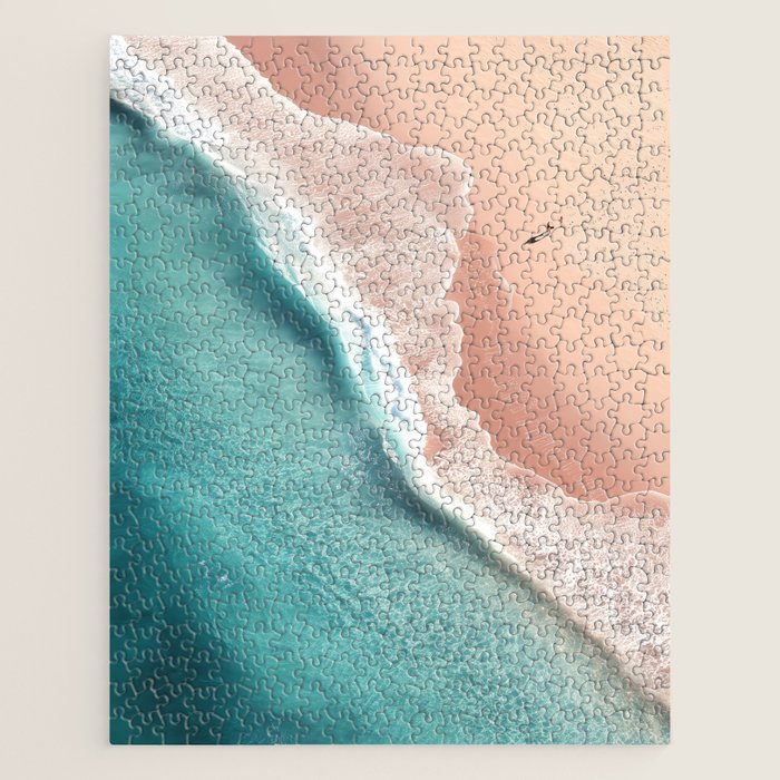 Pastel Coastline - Aerial View of Turquoise Sea and Blush Sand Jigsaw Puzzle Gallery Image 1