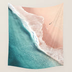Pastel Coastline - Aerial View of Turquoise Sea and Blush Sand Wall Tapestry Gallery Image 4