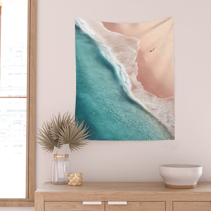 Pastel Coastline - Aerial View of Turquoise Sea and Blush Sand Wall Tapestry Gallery Image 2