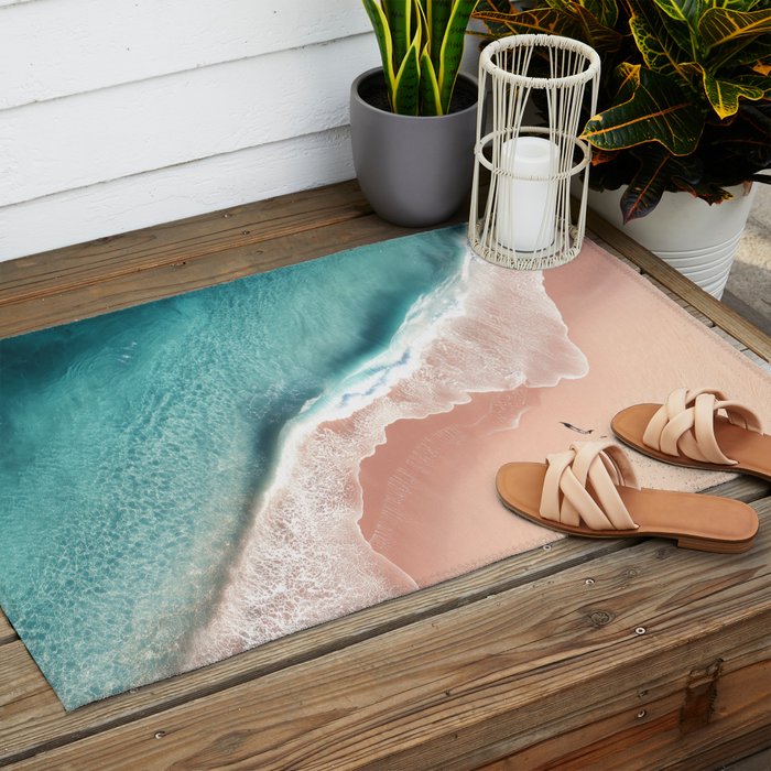 Pastel Coastline - Aerial View of Turquoise Sea and Blush Sand Outdoor Rug Gallery Image 2