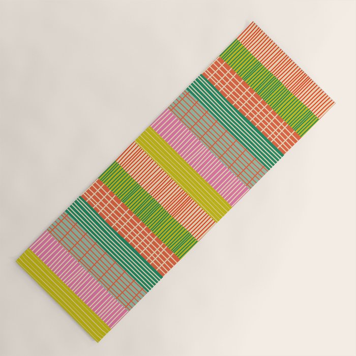 Finnish Patchwork Stripe Pattern Orange Green Pink Chartreuse Yoga Mat Gallery Image 1