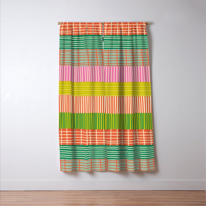 Finnish Patchwork Stripe Pattern Orange Green Pink Chartreuse Window Curtain Gallery Image 3