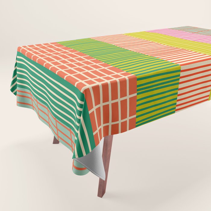 Finnish Patchwork Stripe Pattern Orange Green Pink Chartreuse Tablecloth Gallery Image 1