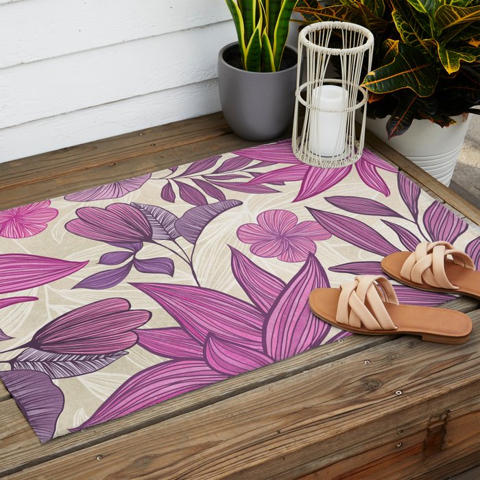Deep Autumn Forest Floral in Magenta Outdoor Rug Gallery Image 2