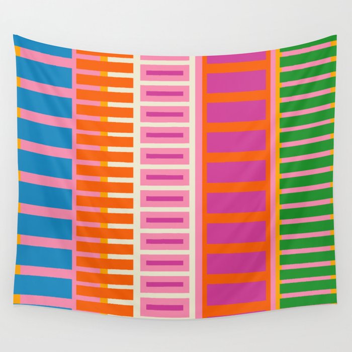 Colorful Block Stripe Bold Pattern Pink Green Orange Blue Wall Tapestry Gallery Image 1
