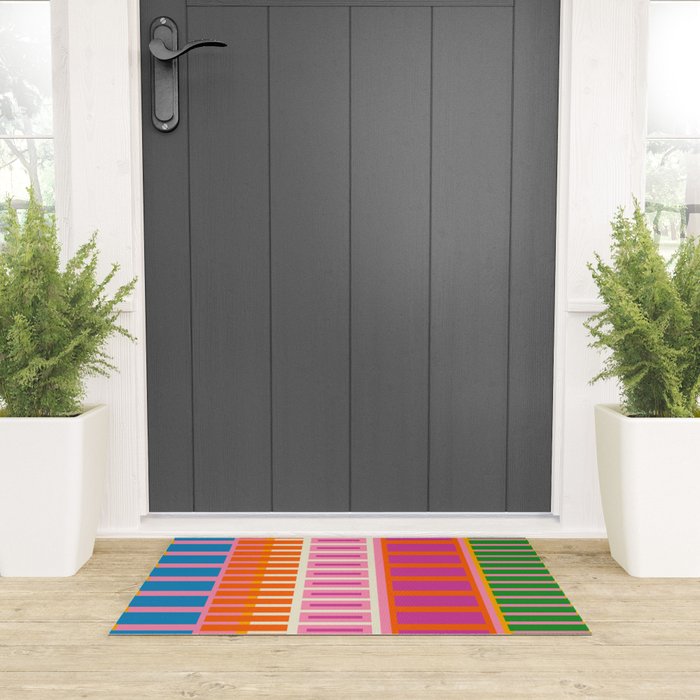 Colorful Block Stripe Bold Pattern Pink Green Orange Blue Welcome Mat Gallery Image 3