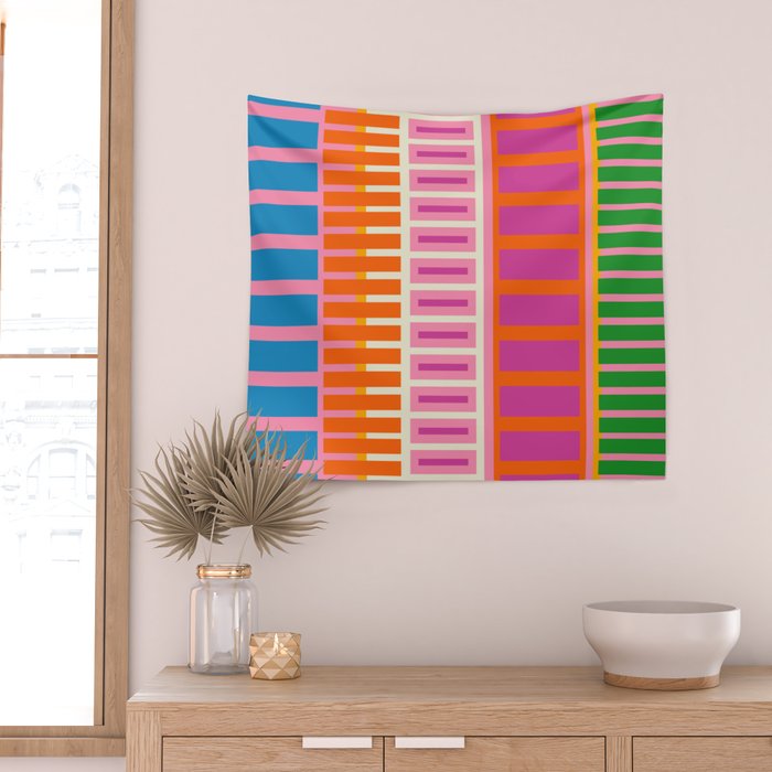 Colorful Block Stripe Bold Pattern Pink Green Orange Blue Wall Tapestry Gallery Image 2