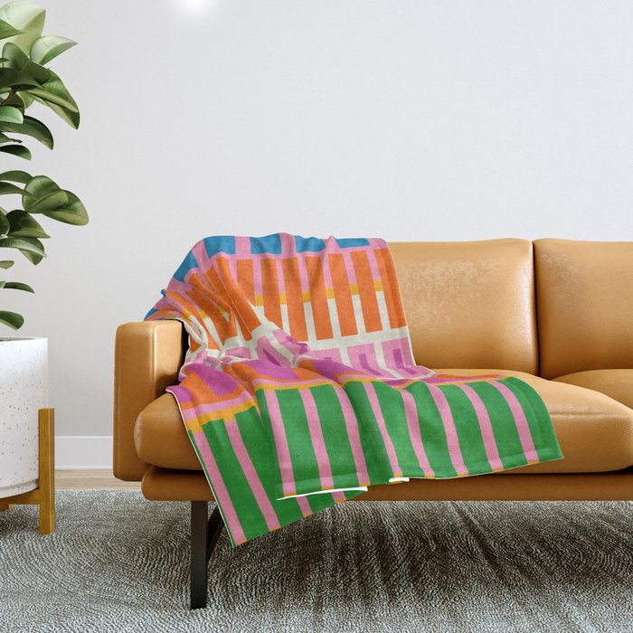Colorful Block Stripe Bold Pattern Pink Green Orange Blue Throw Blanket Gallery Image 1