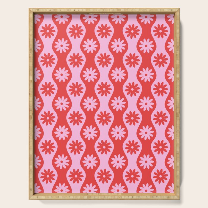 Retro Wavy Stripes with Flowers in Pink & Red Serving Tray Gallery Image 1