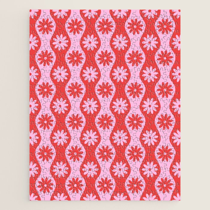 Retro Wavy Stripes with Flowers in Pink & Red Jigsaw Puzzle Gallery Image 1