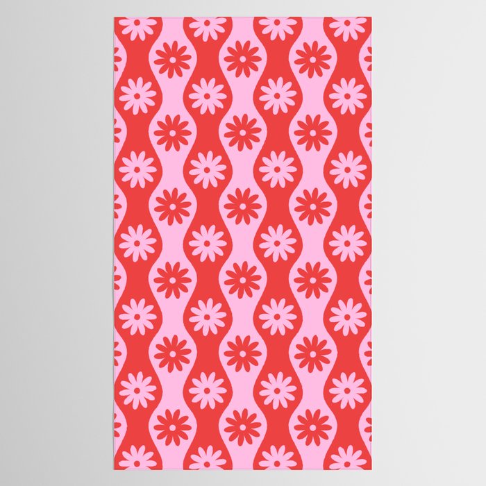 Retro Wavy Stripes with Flowers in Pink & Red Tablecloth Gallery Image 2