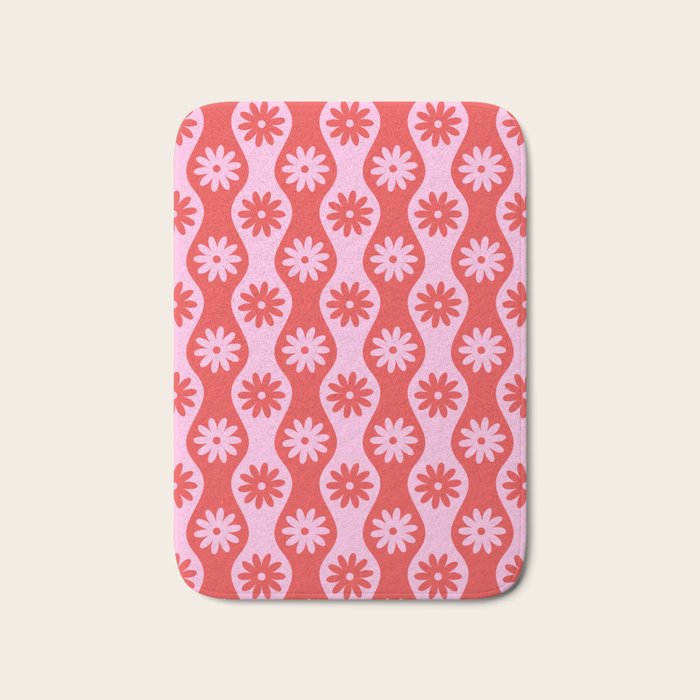 Retro Wavy Stripes with Flowers in Pink & Red Bath Mat Gallery Image 1