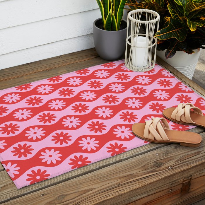 Retro Wavy Stripes with Flowers in Pink & Red Outdoor Rug Gallery Image 2