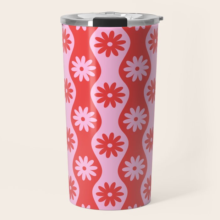 Retro Wavy Stripes with Flowers in Pink & Red Travel Mug Gallery Image 1