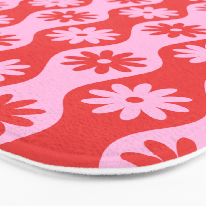 Retro Wavy Stripes with Flowers in Pink & Red Bath Mat Gallery Image 3