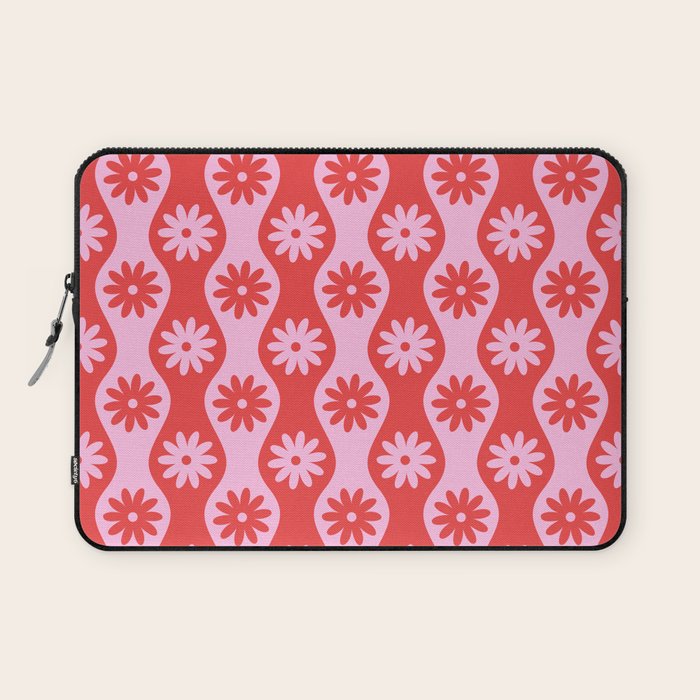 Retro Wavy Stripes with Flowers in Pink & Red Laptop Sleeve Gallery Image 1